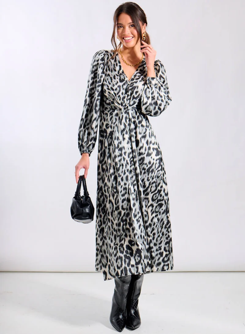 Silver Animal Tie Front Midi Dress