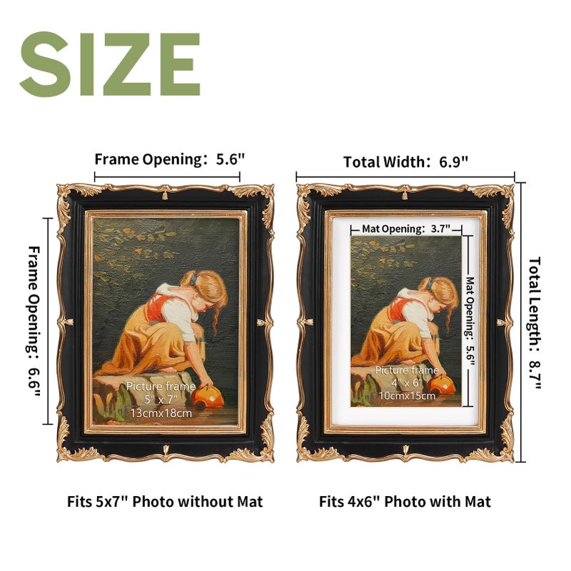 PHAREGE Vintage Picture Frame 5x7 Black Gold, 5 by 7 Ornate Decorative Antique Frame with Mat for 4x6 Photo, Fancy Matted Frame for Desktop or Wall, Horizontal or Vertical - Image 2