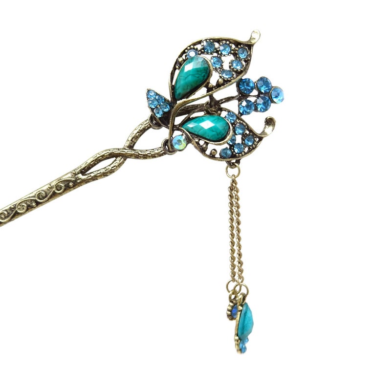 Honbay Chinese Style Retro Tassel Blue Butterfly Hair Stick Hair Chopsticks Hairpin Chignon Pin