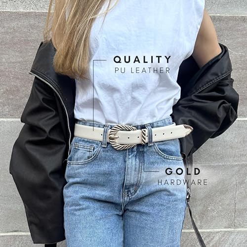 CITRUSY Boutique Western Belt 2-Pack | Country Western Fashion Cowgirl Belts for Women | Cute Chunky Gold Western Belt Buckle | Cream and Black PU Leather Belts (Rodeo Pack | Size XS-S) - Image 4