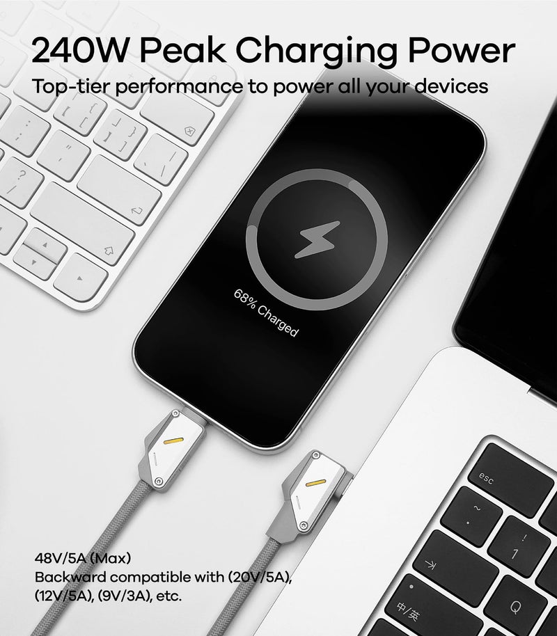 Aulumu كابل Aulumu M07 240W USB-C إلى USB-C | USB 3.1 Gen2 10Gbps | إخراج فيديو 4K@60Hz شحن سريع | متوافق مع iPhone 17/16/15 Pro Max، NVMe SSD، Galaxy S25/S24/S23 Ultra، MacBook Pro - رمادي 6.6FT - Image 2