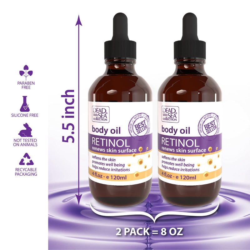 Dead Sea Collection Body Oil for Dry Skin - Retinol & Vitamin E, A Moisturizing Oil for Face, Anti-Aging - Skin Elasticity Support, Renews Skin Surface & Softens Pack of 2 (4 Fl. Oz Each) - Image 2