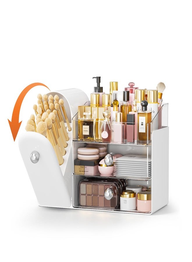 Bird&Fish Makeup Organizer with Sliding Brush Holder, Clear Skincare Organizer with Drawers, Bathroom Countertop Organizer, Sturdy Cosmetic Storage Case for Vanity, Dresser (White) - Image 1