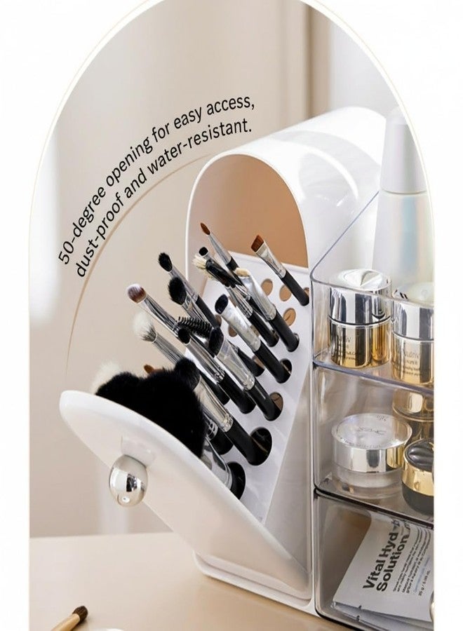 Bird&Fish Makeup Organizer with Sliding Brush Holder, Clear Skincare Organizer with Drawers, Bathroom Countertop Organizer, Sturdy Cosmetic Storage Case for Vanity, Dresser (White) - Image 4