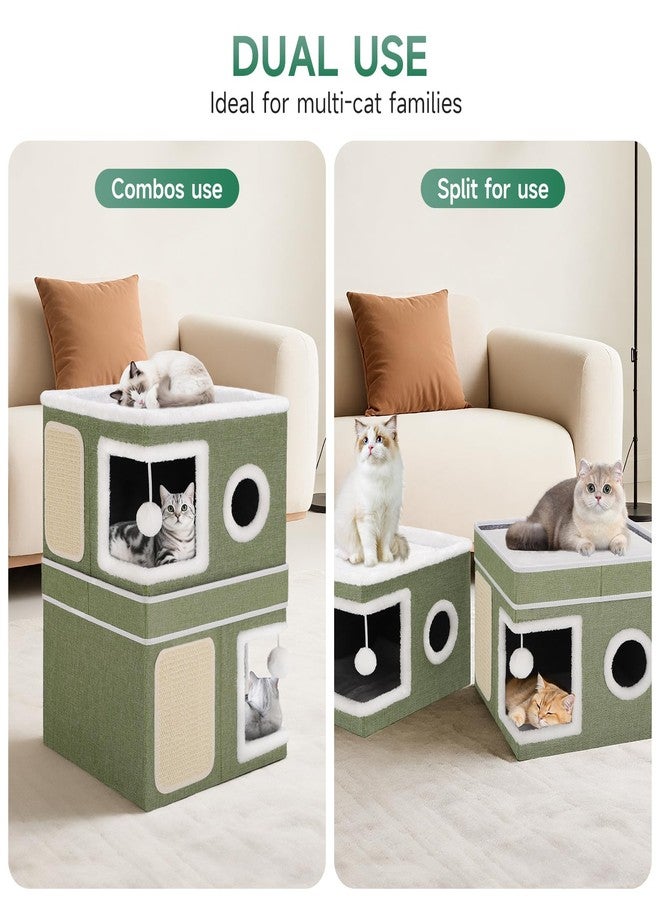 Shikha 2-Storey Cat House for Indoor Cats, Separate Into 2 Large Cat Bed Cave with Hideaway Condos, Scratch Pads, Hanging Balls, Foldable Indoor Cat House, Cat Cube for Multiple Cats Kitten, Green - Image 2