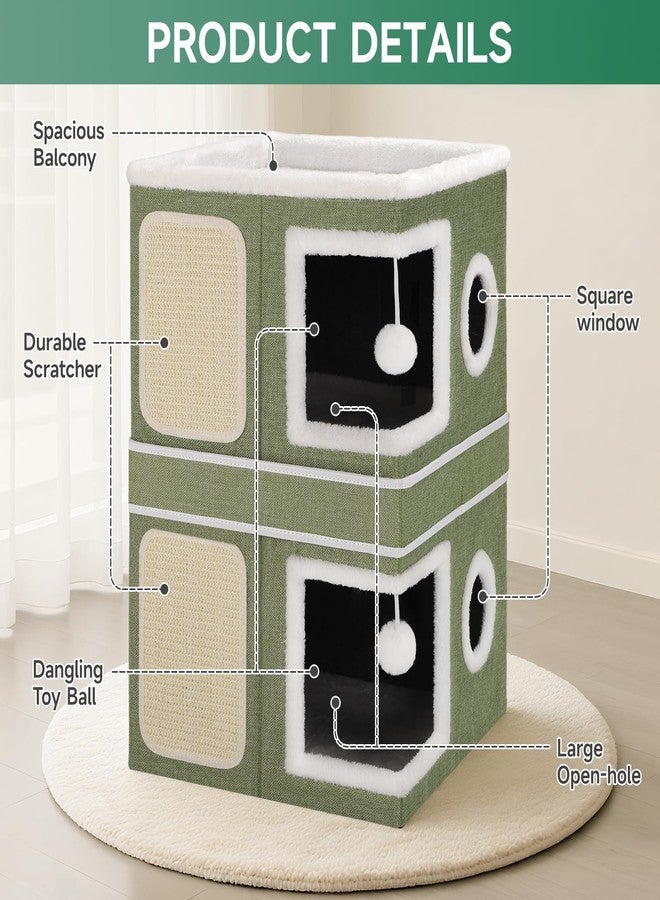 Shikha 2-Storey Cat House for Indoor Cats, Separate Into 2 Large Cat Bed Cave with Hideaway Condos, Scratch Pads, Hanging Balls, Foldable Indoor Cat House, Cat Cube for Multiple Cats Kitten, Green - Image 4