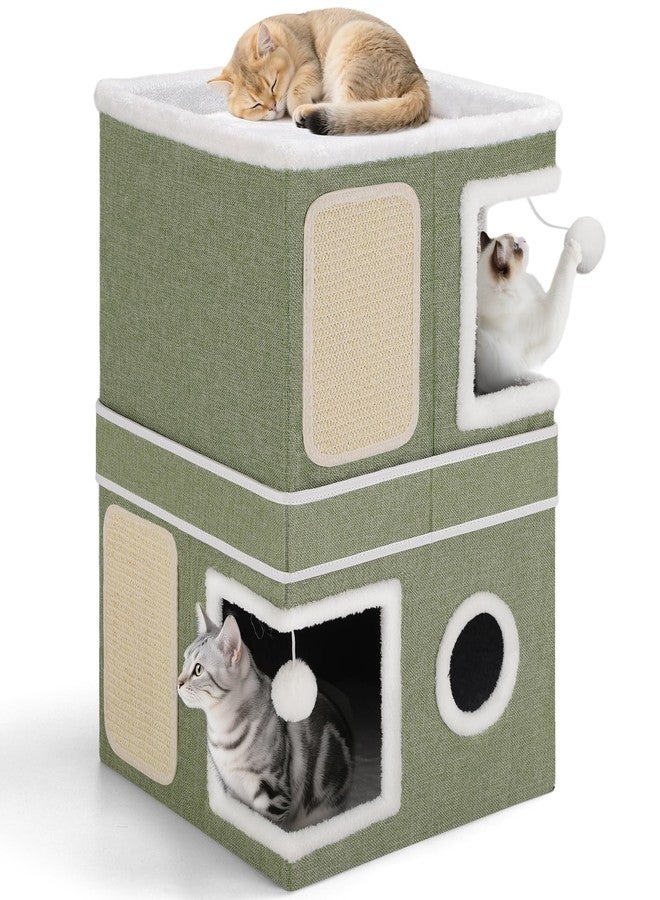Shikha 2-Storey Cat House for Indoor Cats, Separate Into 2 Large Cat Bed Cave with Hideaway Condos, Scratch Pads, Hanging Balls, Foldable Indoor Cat House, Cat Cube for Multiple Cats Kitten, Green - Image 1