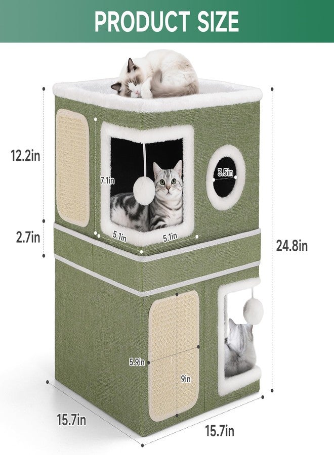 Shikha 2-Storey Cat House for Indoor Cats, Separate Into 2 Large Cat Bed Cave with Hideaway Condos, Scratch Pads, Hanging Balls, Foldable Indoor Cat House, Cat Cube for Multiple Cats Kitten, Green - Image 3
