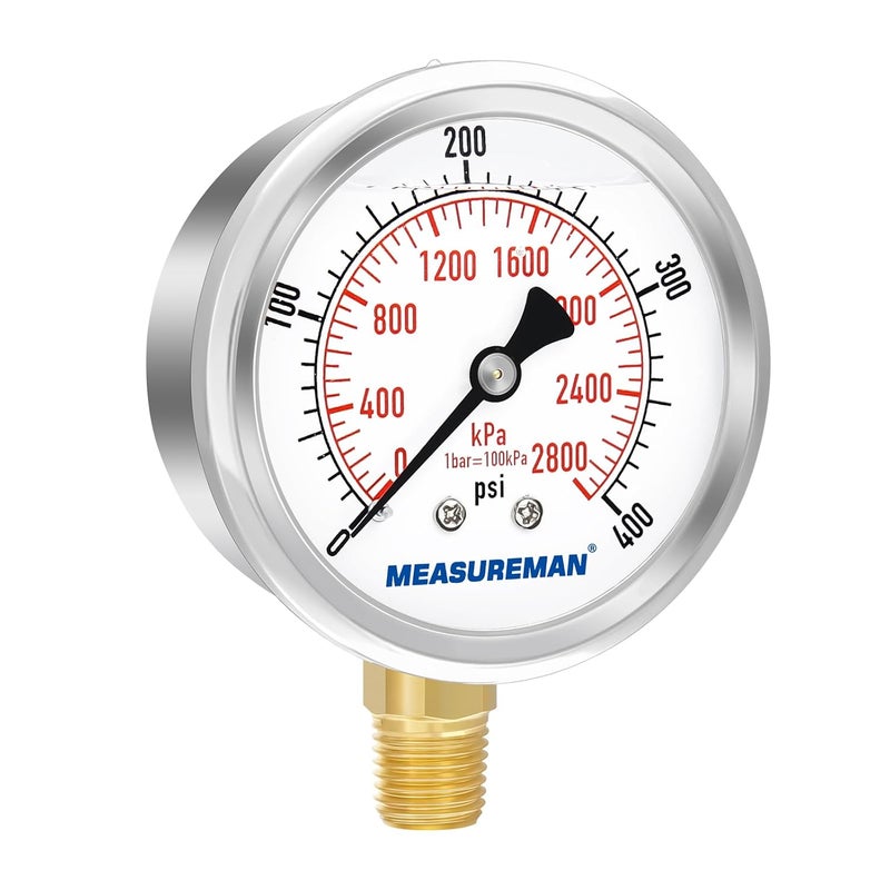 MEASUREMAN مقياس ضغط مملوء بالجليسرين من ميزورمان، حجم القرص 2-1/2 بوصة، نطاق 0-400 رطل لكل بوصة مربعة/2800 كيلو باسكال، غلاف من الفولاذ المقاوم للصدأ 304، تركيب سفلي 1/4 إنش إن بي تي - Image 2