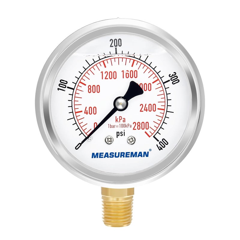 MEASUREMAN مقياس ضغط مملوء بالجليسرين من ميزورمان، حجم القرص 2-1/2 بوصة، نطاق 0-400 رطل لكل بوصة مربعة/2800 كيلو باسكال، غلاف من الفولاذ المقاوم للصدأ 304، تركيب سفلي 1/4 إنش إن بي تي - Image 1