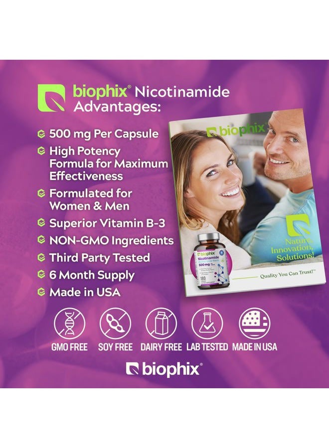 biophix B-3 Nicotinamide 500 mg 180 Caps - Nicotinic Amide Niacin Natural Flush-Free Vitamin Formula - Supports Skin Cell Health - Image 3