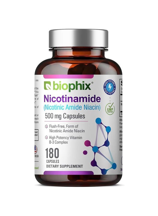 biophix B-3 Nicotinamide 500 mg 180 Caps - Nicotinic Amide Niacin Natural Flush-Free Vitamin Formula - Supports Skin Cell Health - Image 1