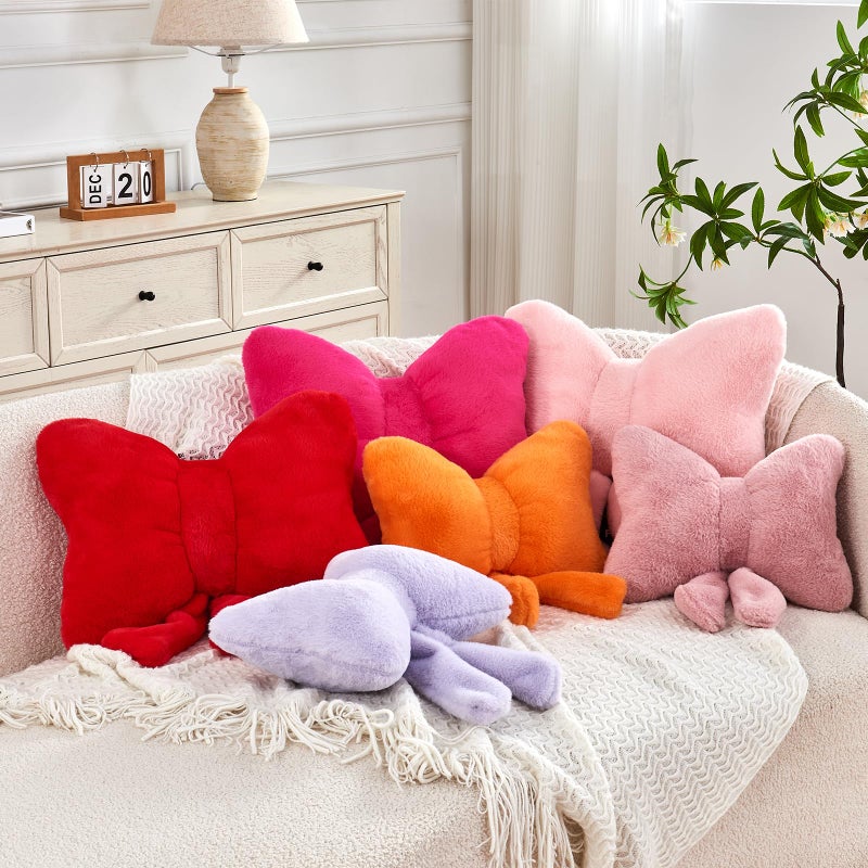 XVTRU Pink Bow Pillow, Soft Bow Decorative Pillows with Faux Rabbit Fur, Cute 16" Bow Throw Pillows, Aesthetic Home Decor Bow Shaped Plush Pillow for Bedroom Sofa Couch - Image 3