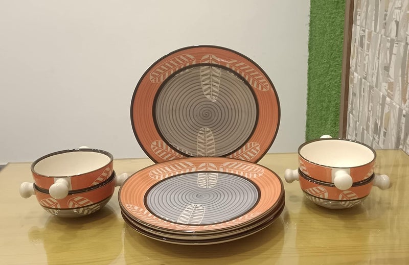 caffeine Ceramic Handmade Orange Leaf Combo Dinner Set (Set of 8) - Image 1