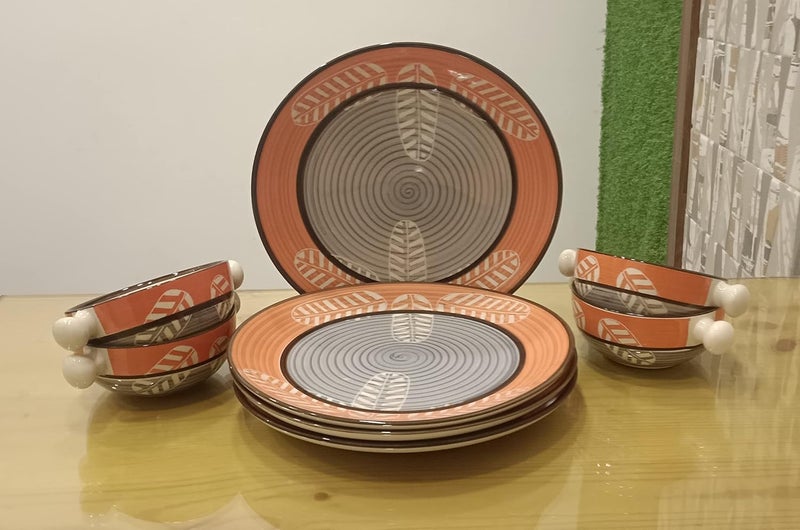 caffeine Ceramic Handmade Orange Leaf Combo Dinner Set (Set of 8) - Image 3
