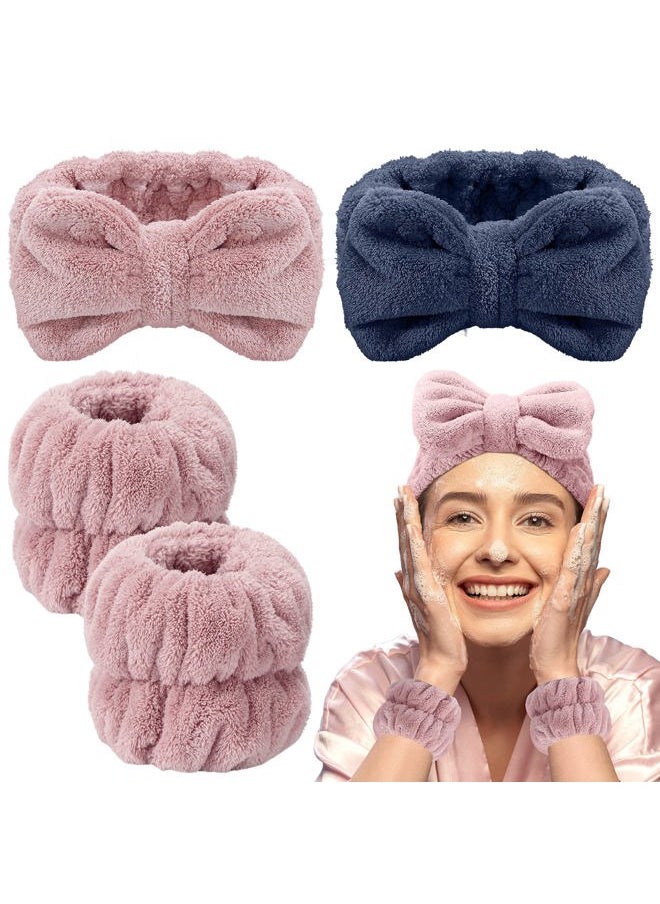 Chuangdi 4 Pcs Microfiber Headband Spa Wristbands and Wrist Bands for Washing Face Cuffs Towel Wristbands Hair Headband Face Wash Cuffs for Women Makeup(Pink, Blue)  - Image 1