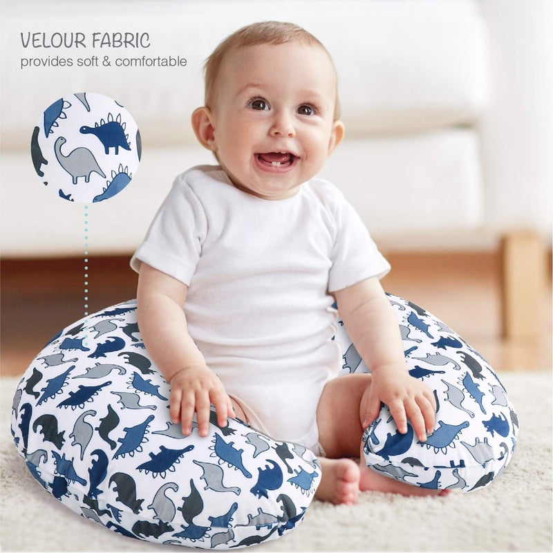 The Peanut Shell طقم غطاء وسادة الرضاعة من بي نات شيل - 2 قطعة - أغطية وسادة ناعمة للرضع، مريحة وداعمة للرضاعة الطبيعية، ضرورية لوقت البطن، مستلزمات الأطفال - دينو ومخمل أزرق - Image 4