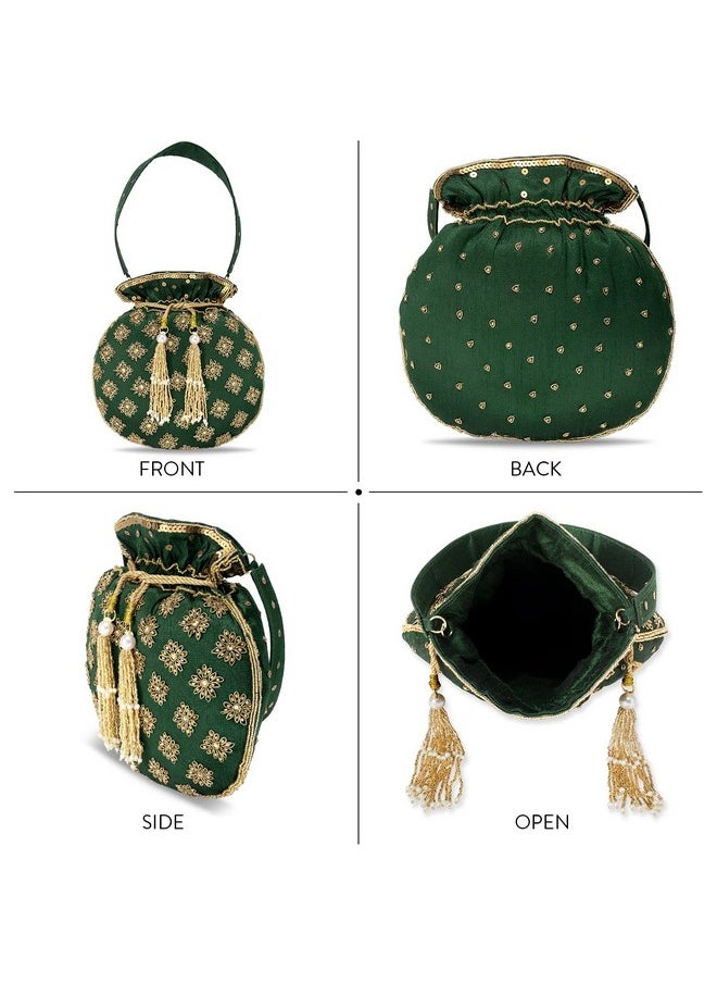 Aheli - Indian Potli Bags For Women Evening Bag Clutch Ethnic Bride Purse With Drawstring (P23Grn) - Image 1