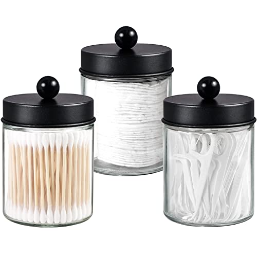 Komashr 3 Pack Apothecary Jar Canisters Bathroom Vanity Organizer - Qtip Holder Storage Organizer Set Countertop Canister with Stainless Steel Lids &Cute Stickers for Qtips,Cotton Swabs,Makeup Sponges,Floss - Image 1