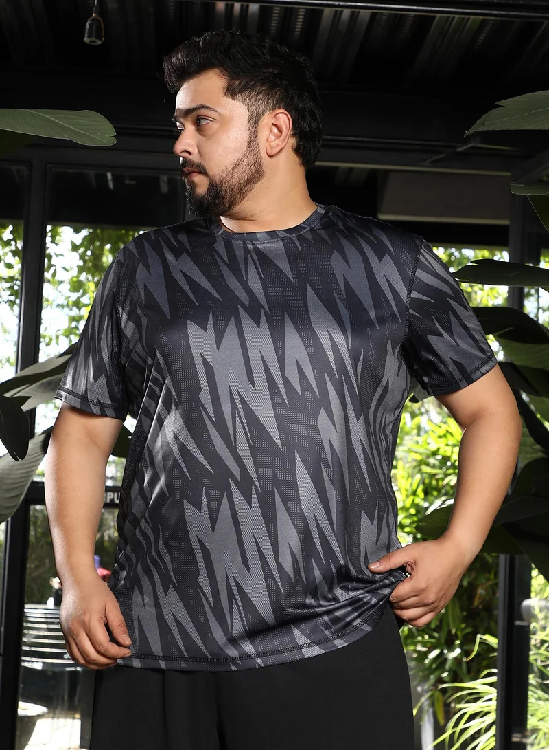 انستافاب بلس Men Strokes Activewear T-Shirt | Crew Neck, Short Regular Sleeves | Pull On Closure, Straight Hem | Abstract Print Jersey | Knit Fabric For Plus Size Casual & Gym Wear | Charcoal Grey