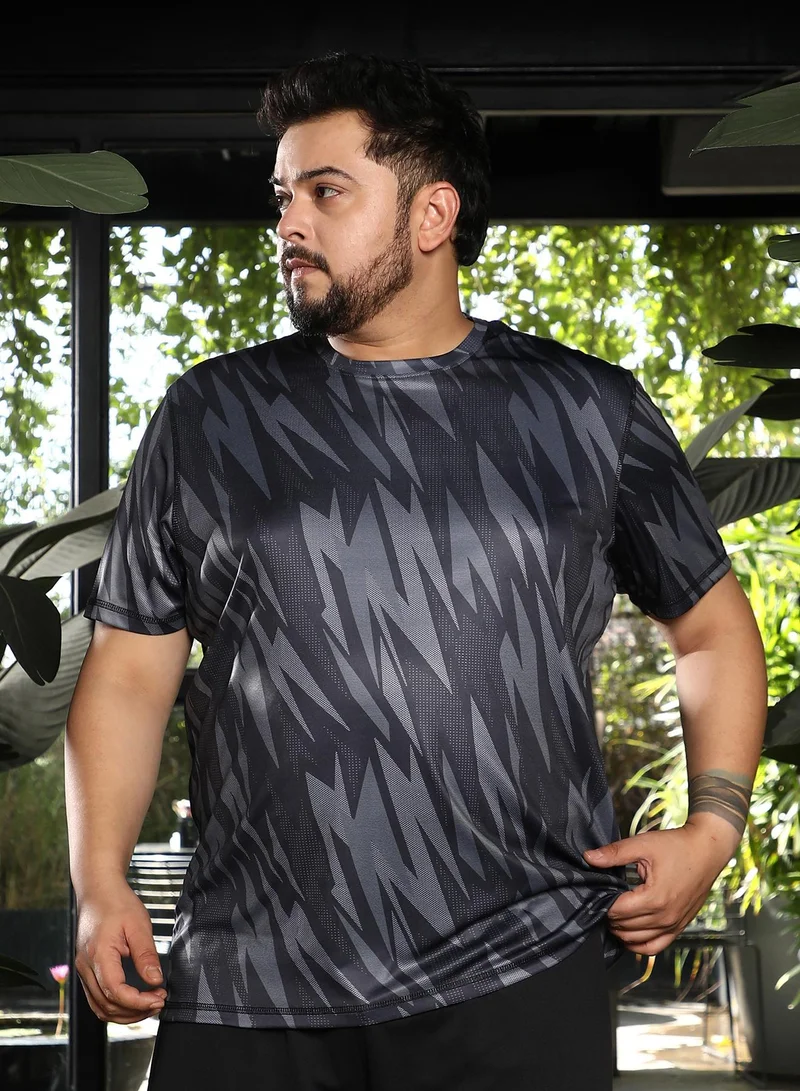 انستافاب بلس Men Strokes Activewear T-Shirt | Crew Neck, Short Regular Sleeves | Pull On Closure, Straight Hem | Abstract Print Jersey | Knit Fabric For Plus Size Casual & Gym Wear | Charcoal Grey