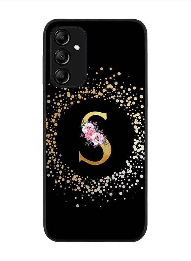 Stylizedd حافظة حواف سوداء متينة لهاتف سامسونج جالاكسي A14 / A14 5G، غلاف رفيع نحيف - حرف مونوغرام مخصص بنمط زهور - S (أسود) - Image 1