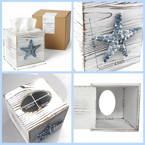 Ovimyne Coastal Tissue Box Cover Wooden Retro with Sliding Bottom Panel Beach Decor for Bathroom Bedroom Living Room,Starfish Decor Suitable for Coastal Gifts Beach House Gifts - Image 5