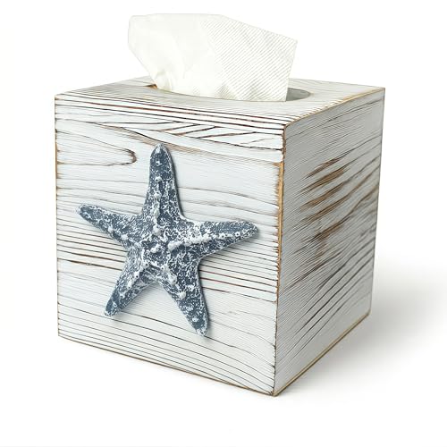 Ovimyne Coastal Tissue Box Cover Wooden Retro with Sliding Bottom Panel Beach Decor for Bathroom Bedroom Living Room,Starfish Decor Suitable for Coastal Gifts Beach House Gifts - Image 1