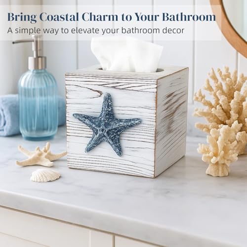 Ovimyne Coastal Tissue Box Cover Wooden Retro with Sliding Bottom Panel Beach Decor for Bathroom Bedroom Living Room,Starfish Decor Suitable for Coastal Gifts Beach House Gifts - Image 4