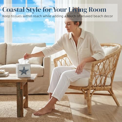 Ovimyne Coastal Tissue Box Cover Wooden Retro with Sliding Bottom Panel Beach Decor for Bathroom Bedroom Living Room,Starfish Decor Suitable for Coastal Gifts Beach House Gifts - Image 2