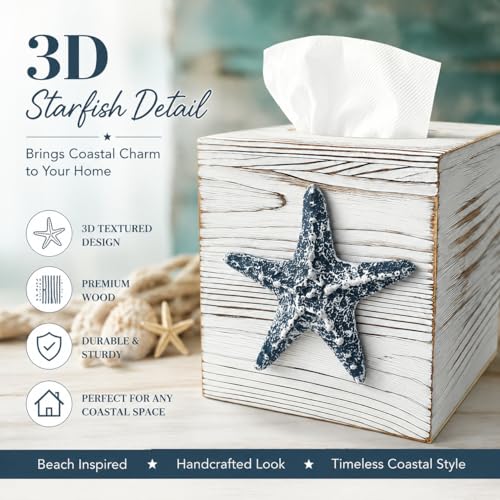 Ovimyne Coastal Tissue Box Cover Wooden Retro with Sliding Bottom Panel Beach Decor for Bathroom Bedroom Living Room,Starfish Decor Suitable for Coastal Gifts Beach House Gifts - Image 3