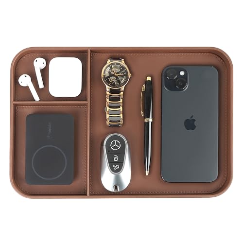 V-CUBE DESIGNS Premium Vegan Leather Valet Tray 30X20.5 cm|Stylish & Modern Office Desk Tray| Table/Bedside/Entryway Organiser For Everyday Essentials Like Keys, Phone, Watch, Wallet, Jewellery-Tan - Image 1