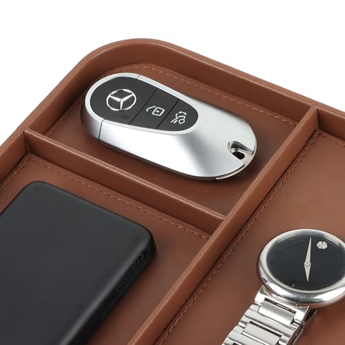 V-CUBE DESIGNS Premium Vegan Leather Valet Tray 30X20.5 cm|Stylish & Modern Office Desk Tray| Table/Bedside/Entryway Organiser For Everyday Essentials Like Keys, Phone, Watch, Wallet, Jewellery-Tan - Image 2