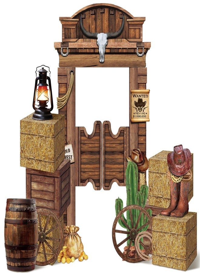 Colingmill 15 Pcs Christmas Western Cowboy Party Decorations Cowboy Backdrop 4 Hay Bales Boxes 2 Wooden Print Boxes 2 Wooden Wagon Wheels 5 Western Centerpieces for Photo Booth Props Cowgirl Birthday - Image 1