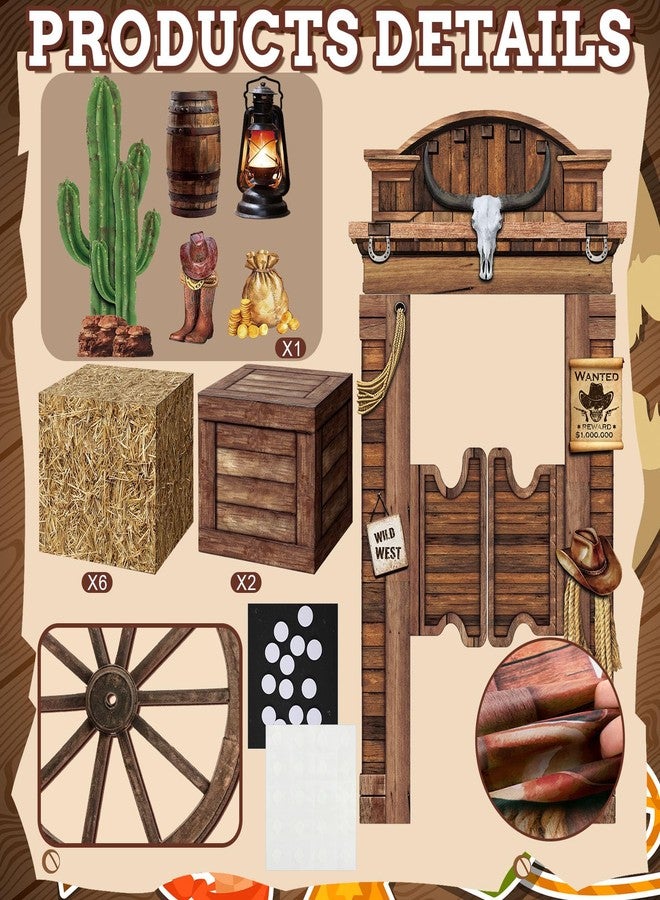 Colingmill 15 Pcs Christmas Western Cowboy Party Decorations Cowboy Backdrop 4 Hay Bales Boxes 2 Wooden Print Boxes 2 Wooden Wagon Wheels 5 Western Centerpieces for Photo Booth Props Cowgirl Birthday - Image 3