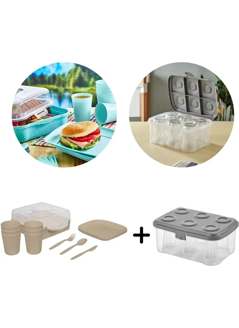 Piev Urve 6 Person Camping Travel Picnic Set and Tea Cup Carrier Container 2 in 1 Cappuccino