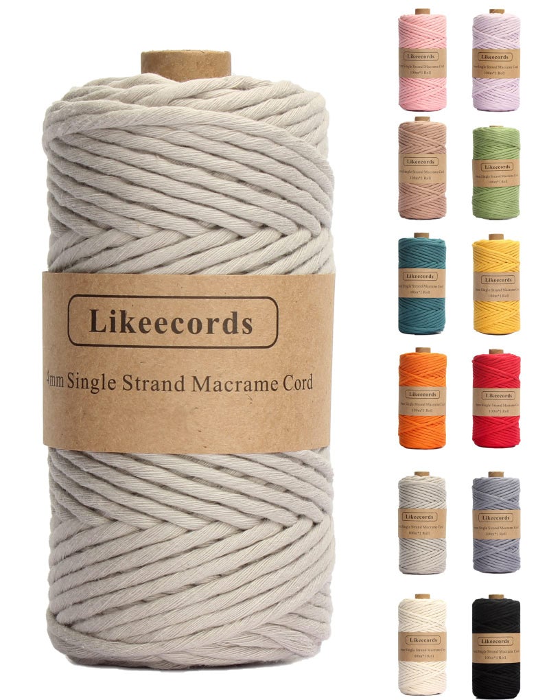 Likeecords 4mm Single Strand Macrame Cord 80m Colored Macrame Rope Cotton Rope Macrame Yarn Colorful Cotton Craft Cord Wall Hangings Plant Hangers Crafts Light Gray