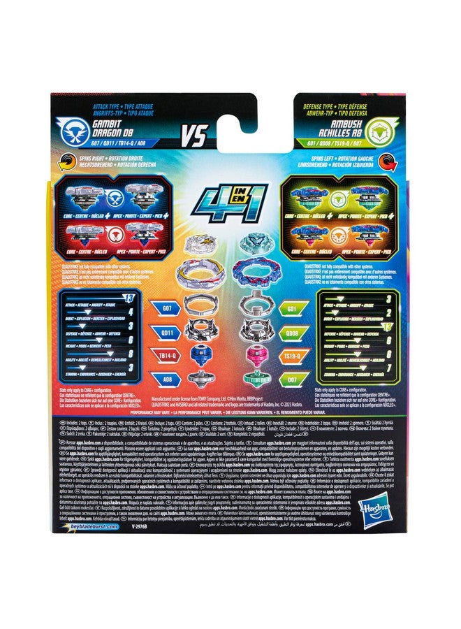 BeyBlade Burst Quadstrike Gambit Dragon D8 And Ambush Achilles A8 Spinning Top Dual Pack 2 Battling Game Top Toy For Kids Ages 8 And Up - Image 5