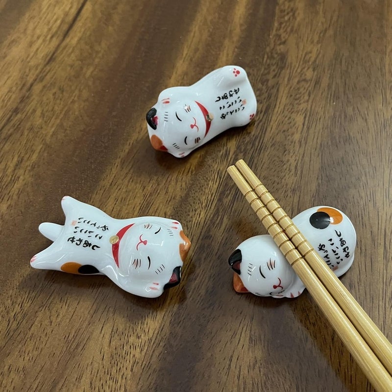 MIUFA Ceramic Cute Lucky Cat Chopsticks Rest Dinner Spoon Stand Knife Fork Holder (Set of 5pcs) - Image 3