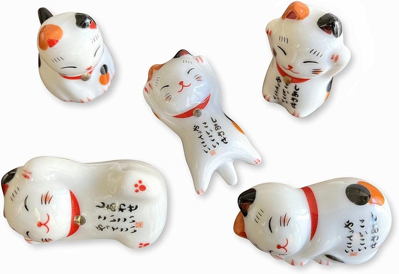 MIUFA Ceramic Cute Lucky Cat Chopsticks Rest Dinner Spoon Stand Knife Fork Holder (Set of 5pcs) - Image 1