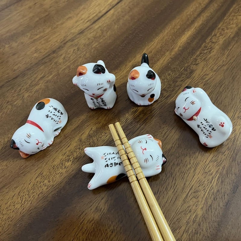MIUFA Ceramic Cute Lucky Cat Chopsticks Rest Dinner Spoon Stand Knife Fork Holder (Set of 5pcs) - Image 5