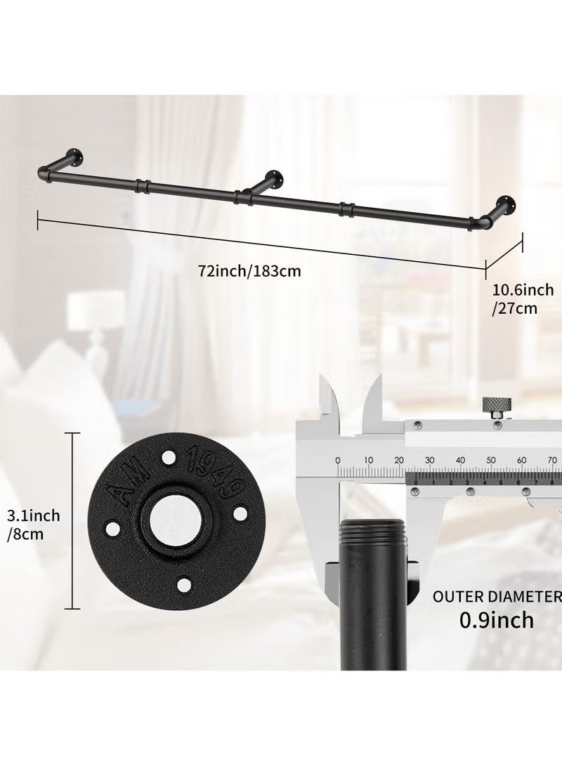 Beauenty Clothes Rack Wall Mounted, Heavy Duty Iron Garment Bar with 3 S-Shaped Hooks, Industrial Pipe Garment Rack Detachable,Adjustable 183CM. - Image 3
