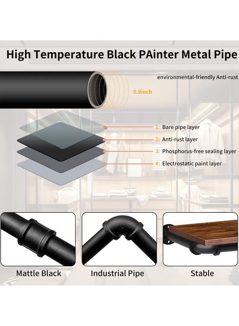 Beauenty Clothes Rack Wall Mounted, Heavy Duty Iron Garment Bar with 3 S-Shaped Hooks, Industrial Pipe Garment Rack Detachable,Adjustable 183CM. - Image 2