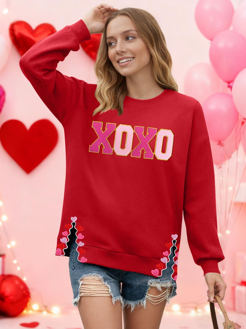 PECHAR Valentine Sweatshirts Women Love Valentines Shirts Embroidered Crewneck Long Sleeve Tops With Side Heart Applique - Image 3