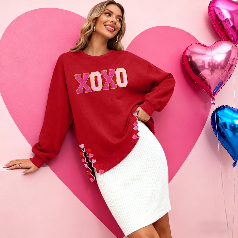 PECHAR Valentine Sweatshirts Women Love Valentines Shirts Embroidered Crewneck Long Sleeve Tops With Side Heart Applique - Image 2
