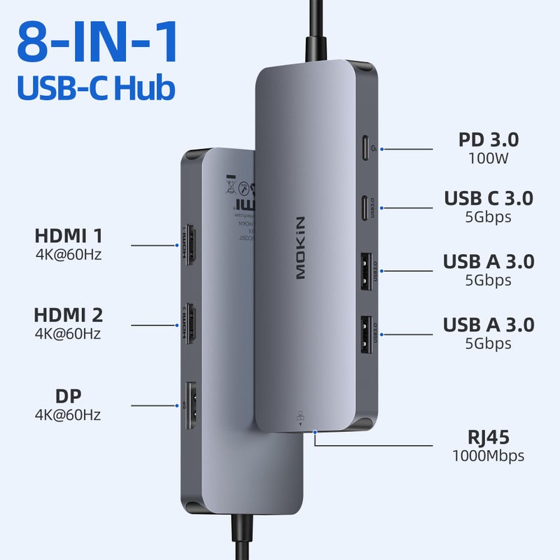 Mokin USB C Docking Station 3 Monitors, MOKiN USB C Docking Station with 2 HDMI, 4K DisplayPort, 1Gbps Ethernet, 100W PD Charging, 3 USB A/C 3.0, Multiport Adapter for Dell/HP/Lenovo/Surface - Image 2