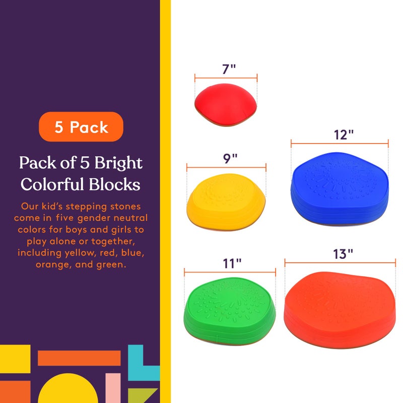 Special Supplies Stepping Stones for Kids, 5 Balance Indoor and Outdoor Blocks Promote Coordination, Balance, Strength, Child Safe Rubber, Non-Slip Edging, Stackable (Primary) - Image 2