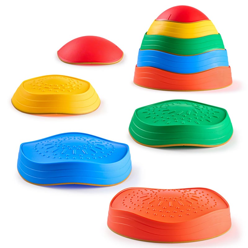 Special Supplies Stepping Stones for Kids, 5 Balance Indoor and Outdoor Blocks Promote Coordination, Balance, Strength, Child Safe Rubber, Non-Slip Edging, Stackable (Primary) - Image 1