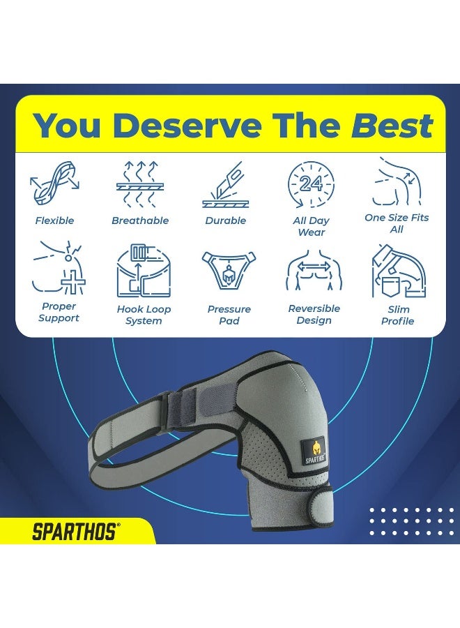 Sparthos Shoulder Brace - Support and Compression Sleeve for Torn Rotator Cuff, AC Joint Pain Relief - Arm Immobilizer Wrap, Ice Pack Pocket, Stability Strap, Dislocated Shoulder - for Men and Women