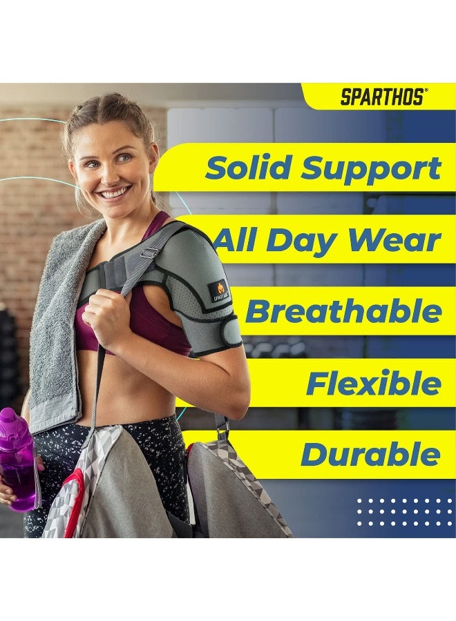 Sparthos Shoulder Brace - Support and Compression Sleeve for Torn Rotator Cuff, AC Joint Pain Relief - Arm Immobilizer Wrap, Ice Pack Pocket, Stability Strap, Dislocated Shoulder - for Men and Women